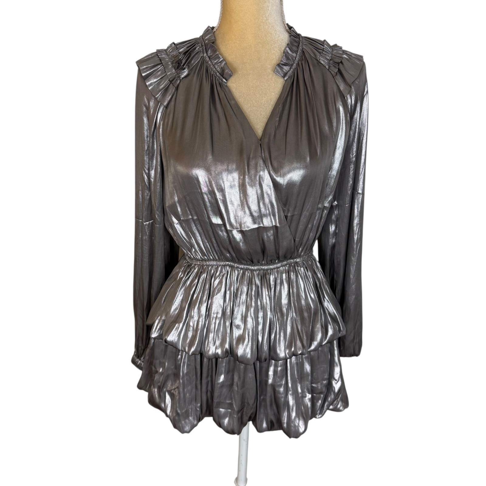 Current Air Los Angeles Silver Metallic Long Sleeve Ruffle Tiered Mini Dress XS