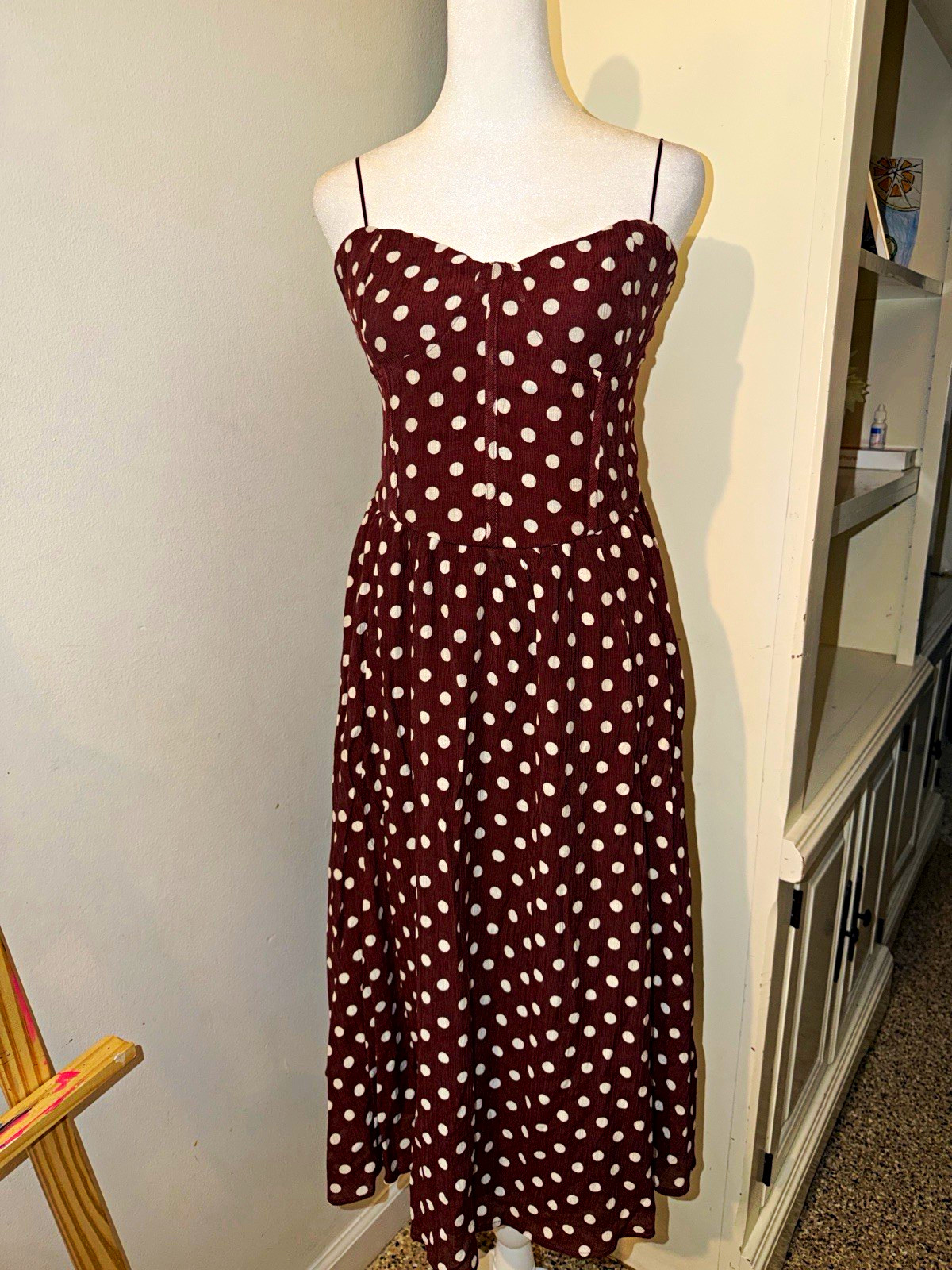 Kirious Los Angeles Brown/White Polka Dot Sweetheart Midi Fit & Flare Dress S