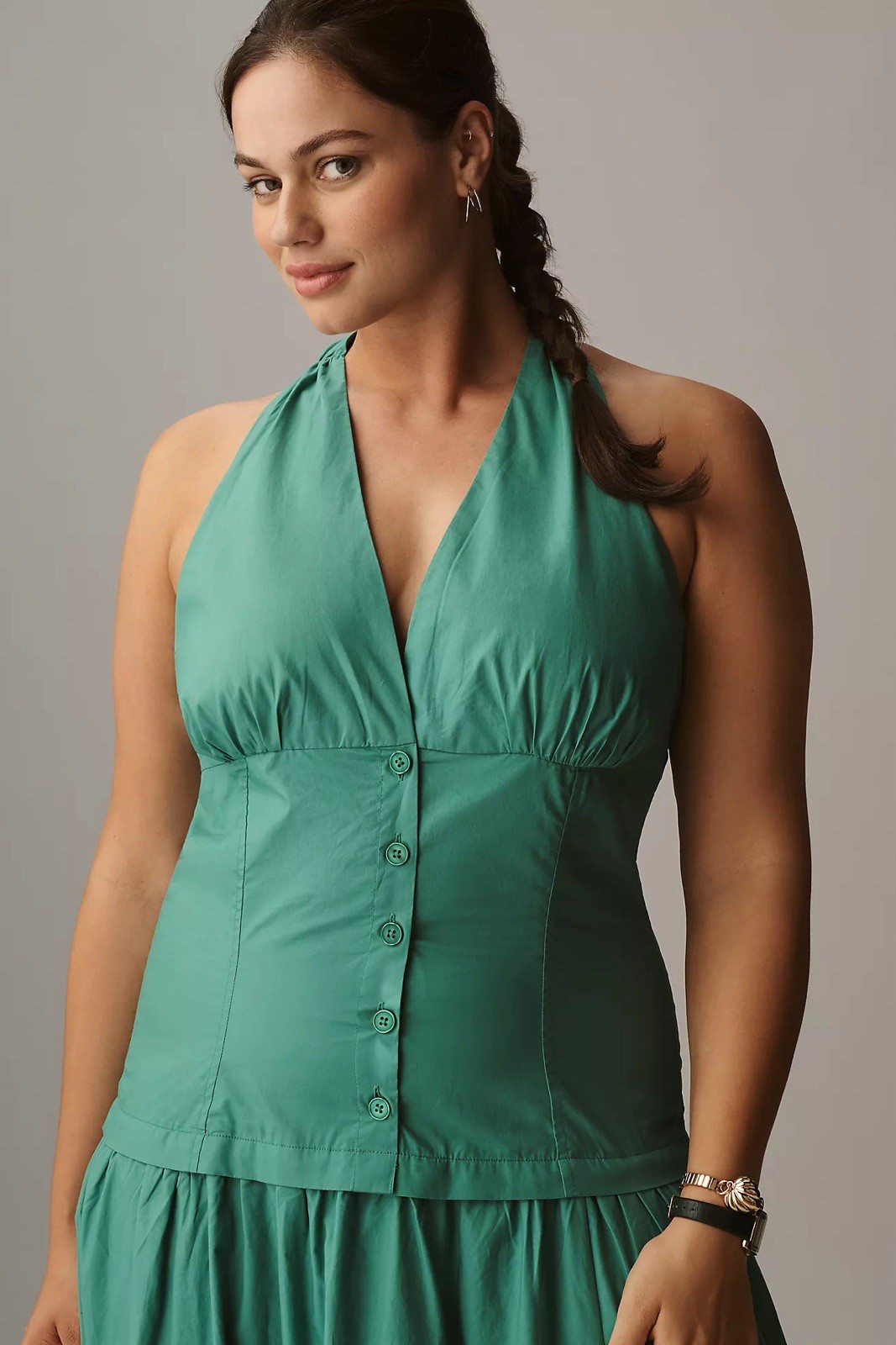 NWT! Anthropologie Maeve Halter V-Neck Drop-Waist Midi Dress Clove/Green Medium