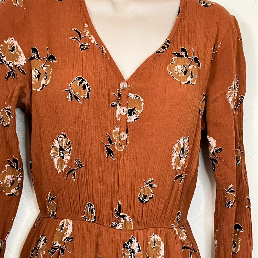 French Grey Stitchfix Brown Floral Cottagecore Midi Dress Crinkle Size Small