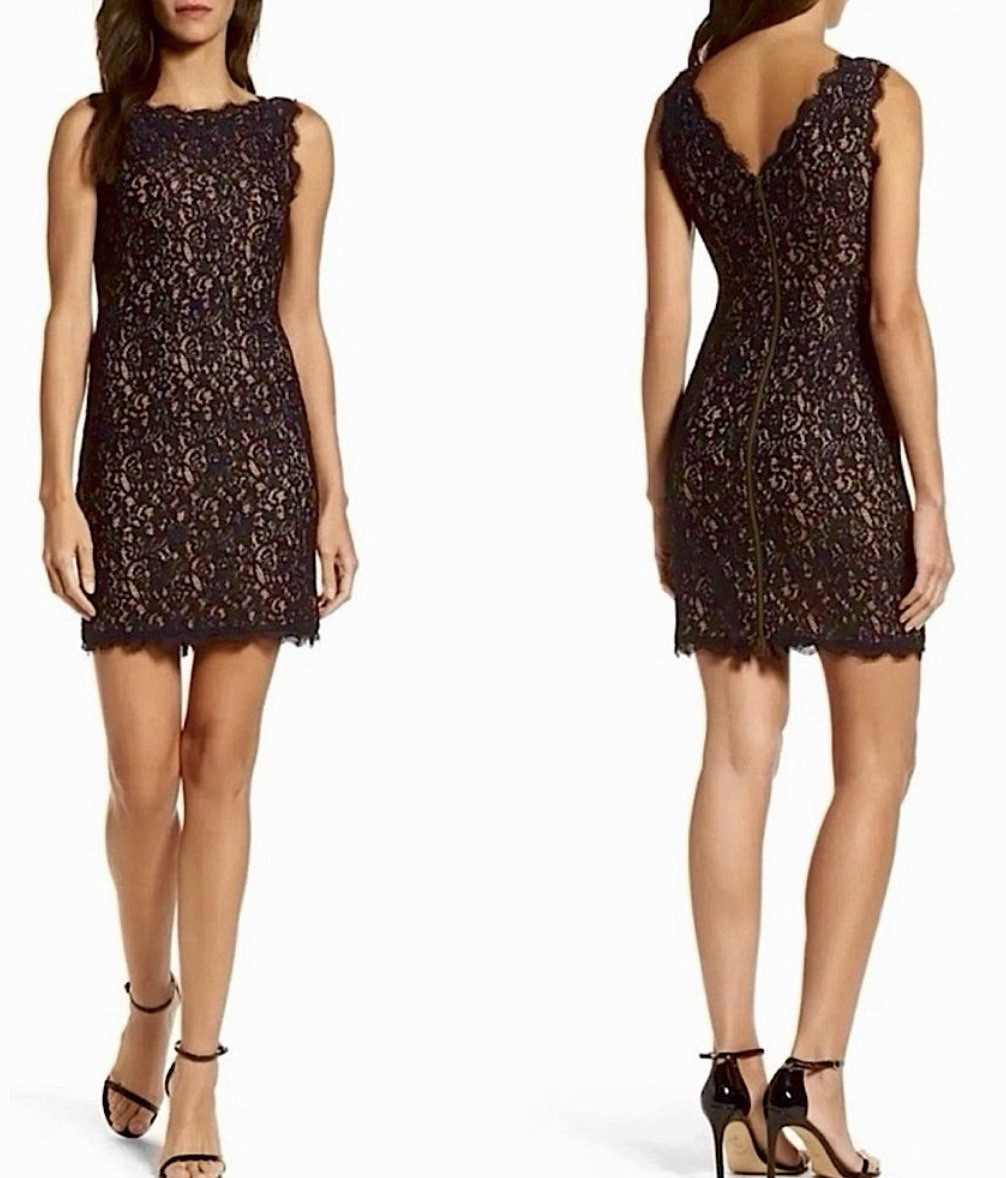 ADRIANNA PAPELL $150 Black Eyelash Lace Overlay Scalloped Sheath LBD Dress Sz 6