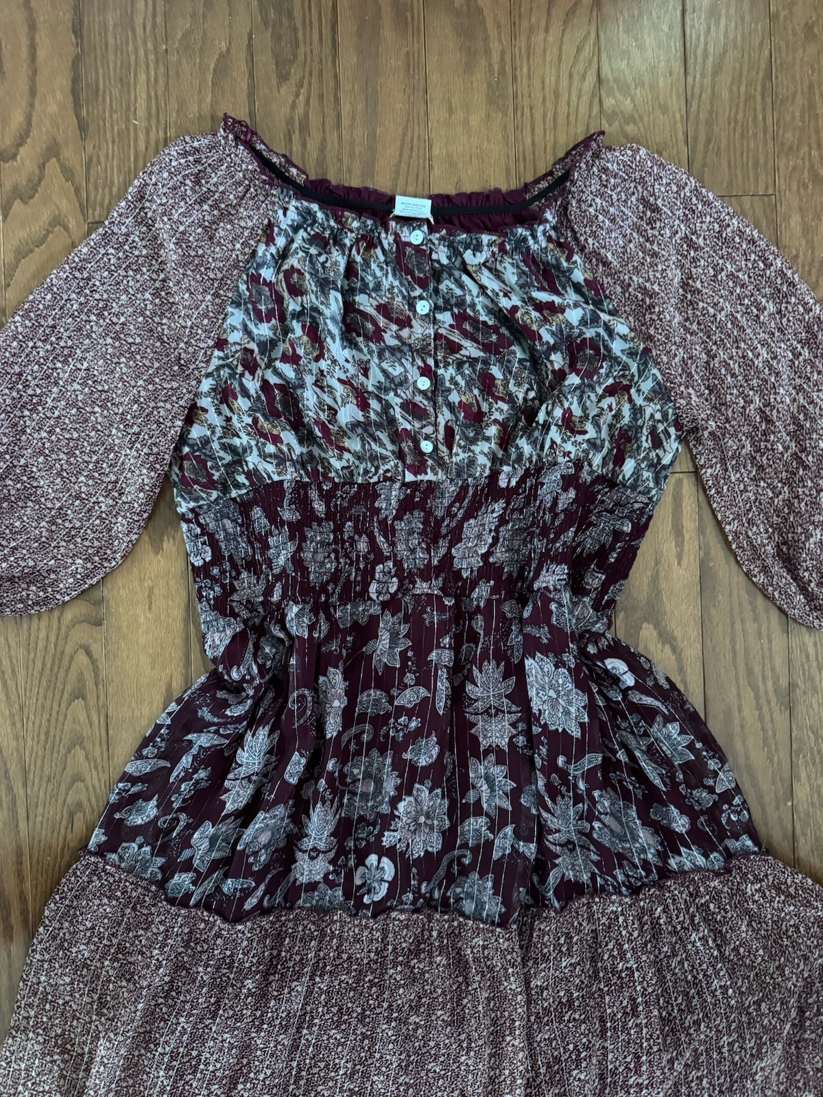 Sweet Magnolia Boho Floral Midi Dress Women’s Large Burgundy Cottagecore