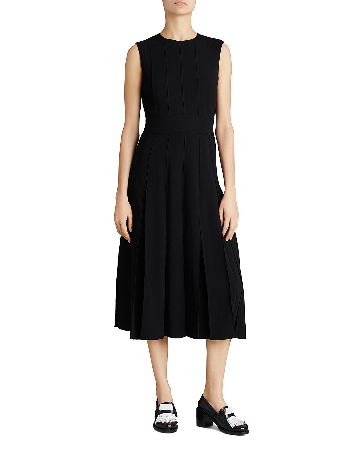 BURBERRY Black Aria Pleated Box-Pleat Skirt A-Line Georgette Midi LBD Dress 4 US
