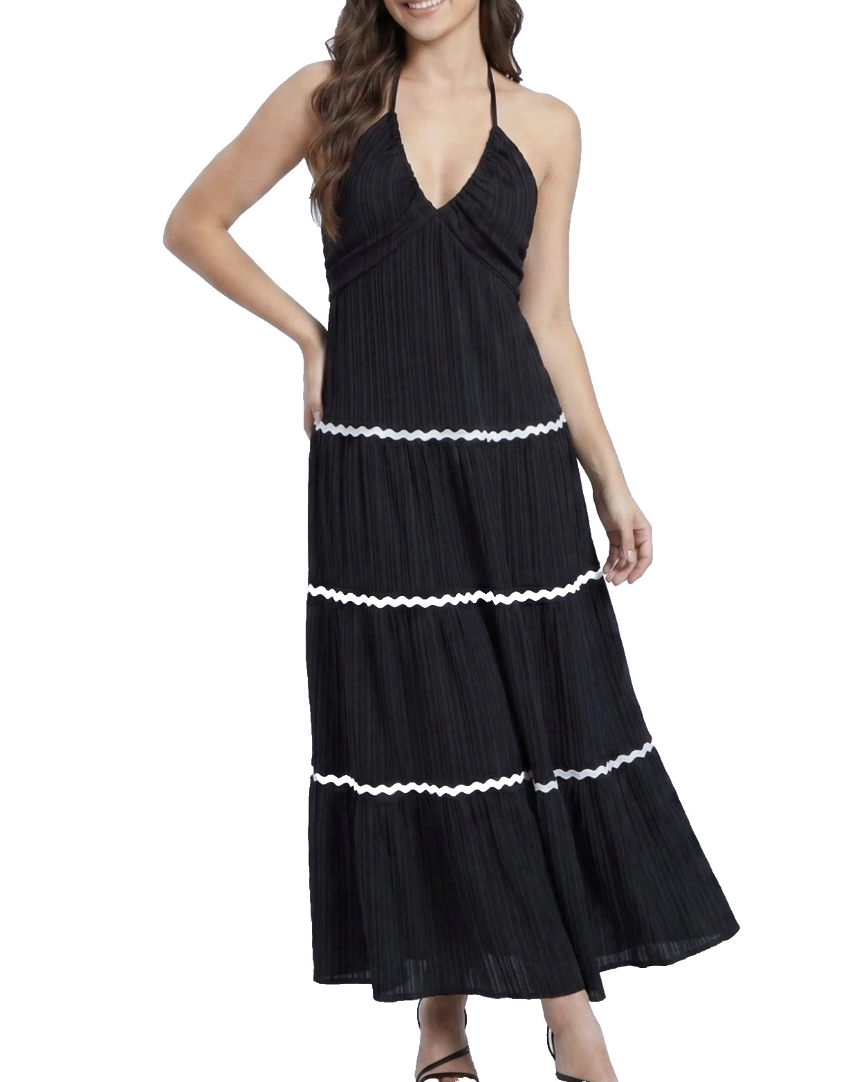 Halter Neck Tiered Maxi Dress with Contrast Trim, Premium Quality