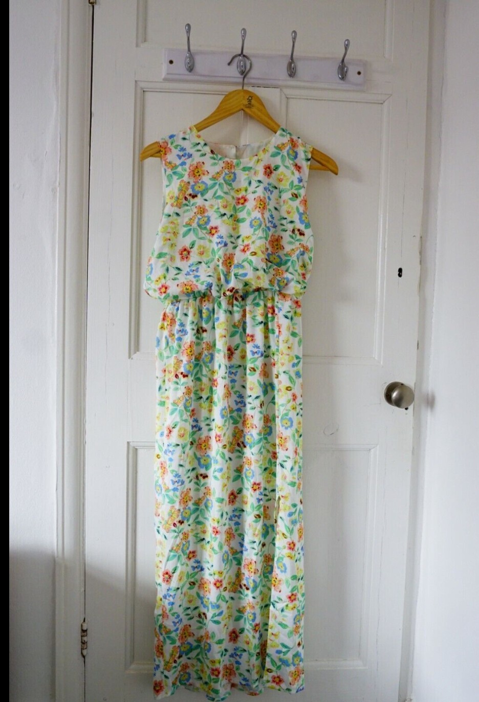 Floral White Green Midi Dress Sleeveless Side Split Ruffle Women Skirt S M 8 10