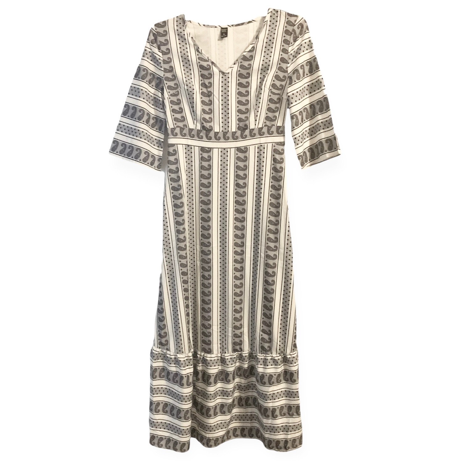 Emery Rose Maxi Dress Medium Gray Paisley Stripe Silky Neutral Quaint Cottage