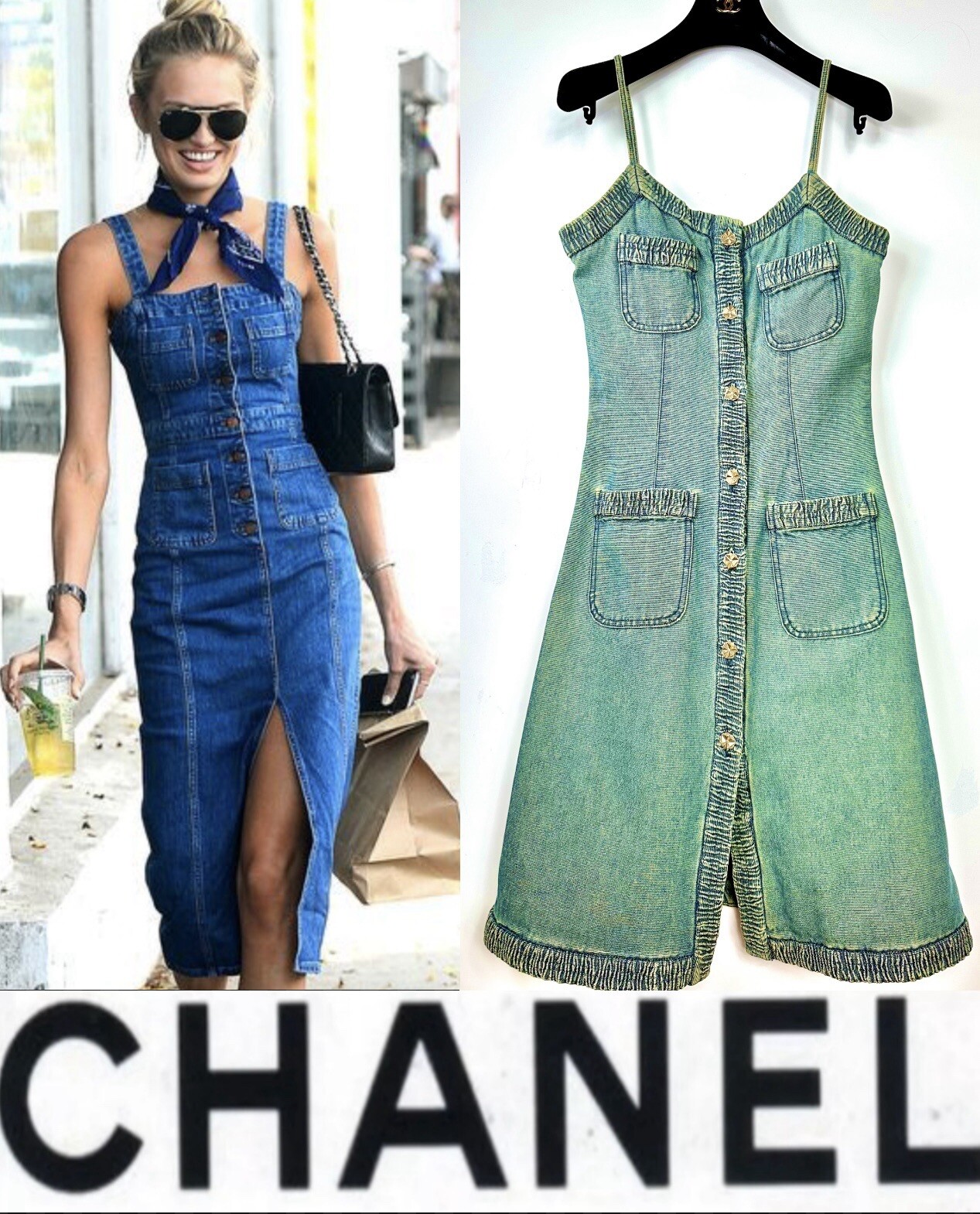 Chanel Vintage 2001 Barbie Blue Denim Midi Dress 36 38 4 6 Vtg Logo Button S M