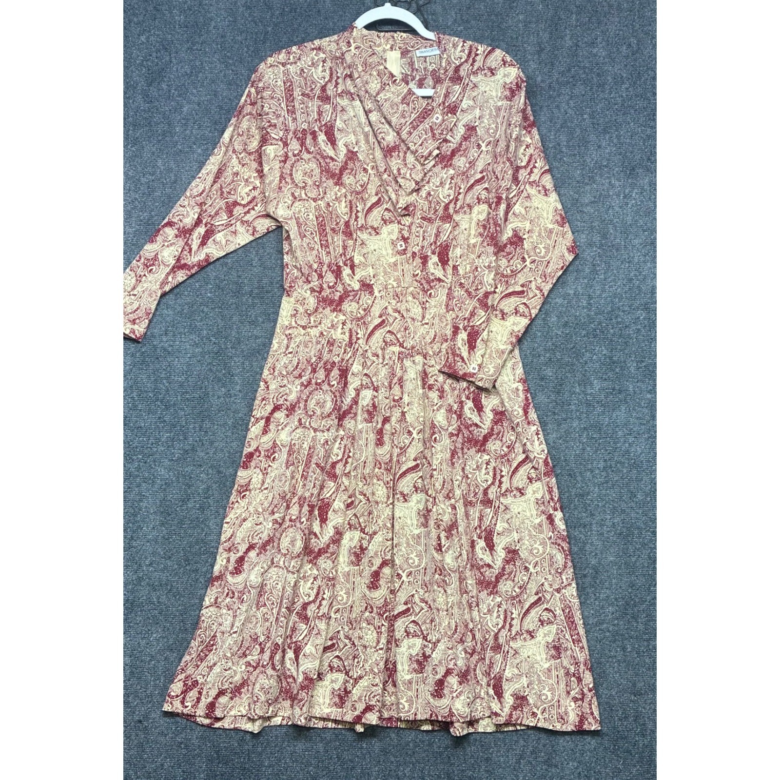 Truworths Paisley Midi Dress Womens 34 Burgundy Cream Long Sleeve V-Neck Vintage