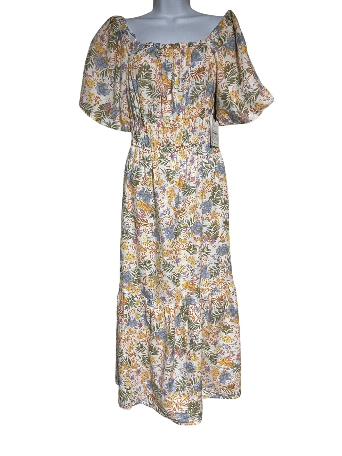 Japna Linen Blend Floral Puff Sleeve Midi/Maxi Dress Womens S Tropical Resort