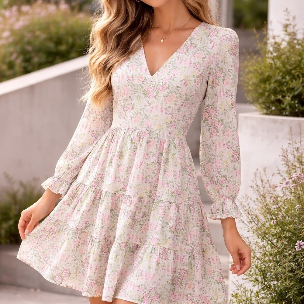 MiAmi for Francesca’s Seona Floral V-Neck Tiered Mini Dress Pink Green Small NWT
