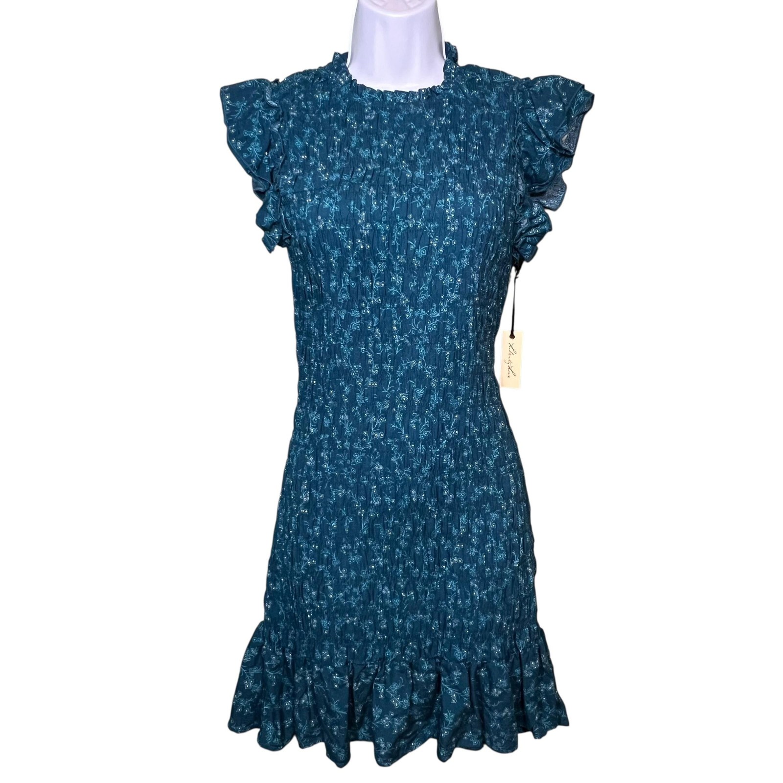 Liberty Love Mini Dress Womens Large Blue Ruffle Mini Floral Smocked Cap Sleeve