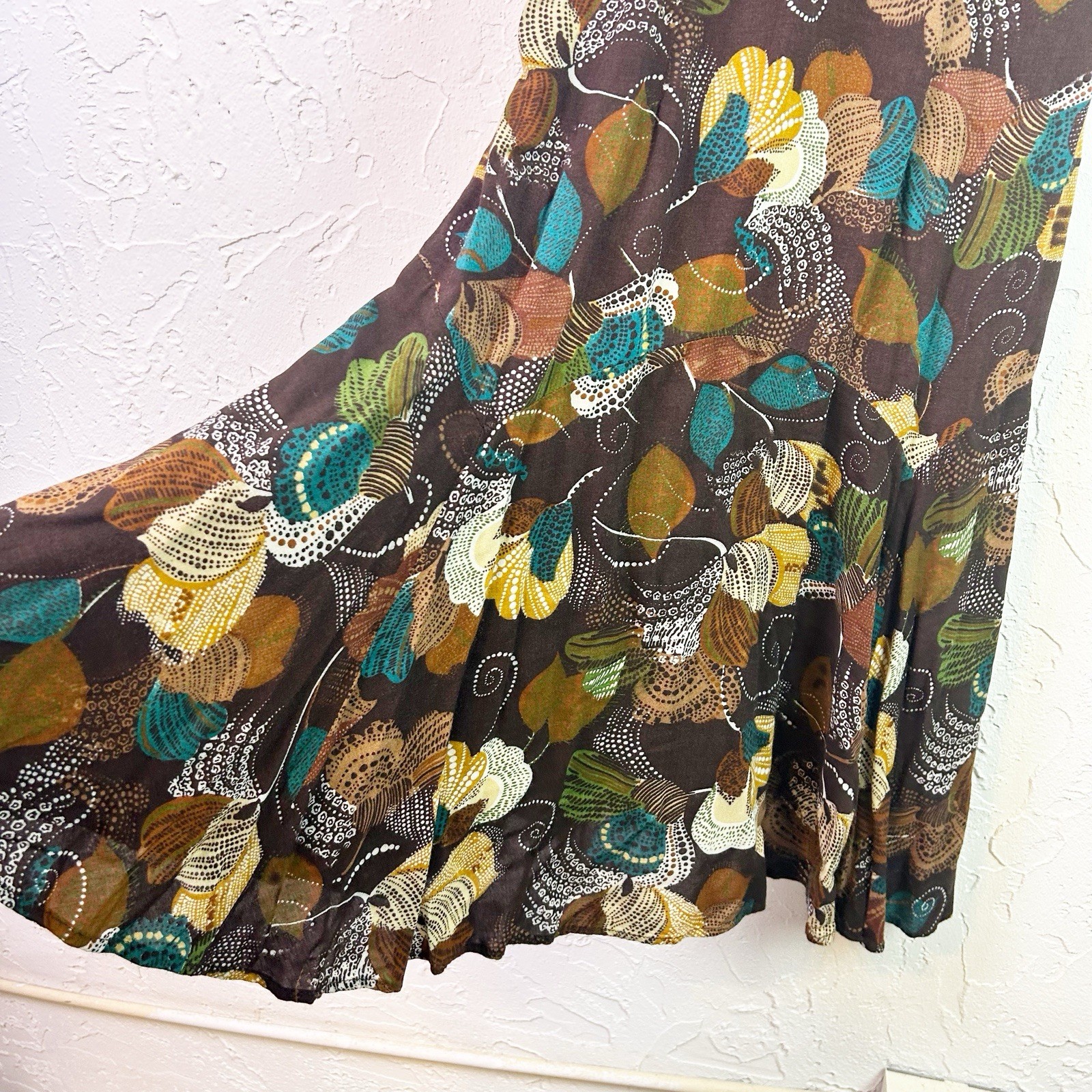 Vintage Brown Floral Beaded V-neck Knee Length Dress Size 10 Boho Hippie Fairy