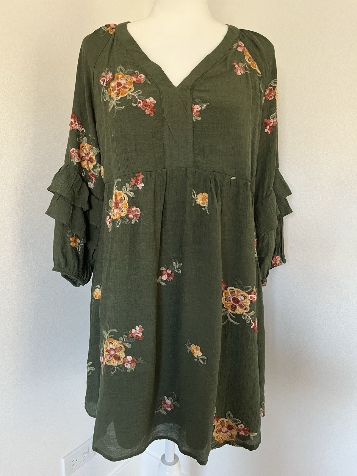 Fig & Flower Anthropologie Boho Fairy Dress Sz PL Ruffled Flower Embriodered *O6