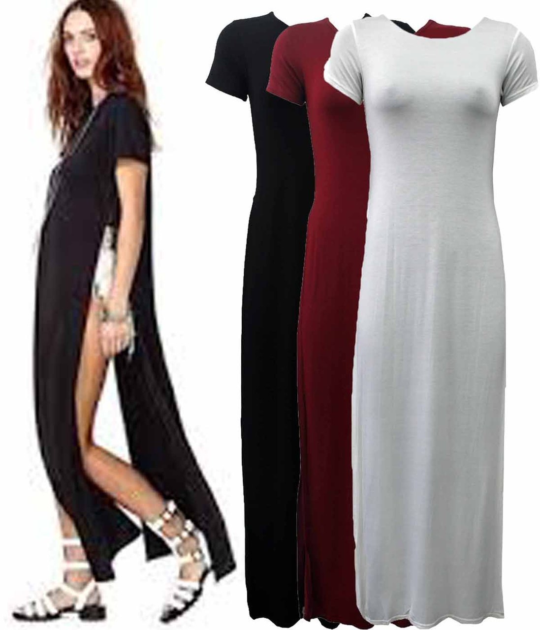 Long Maxi Dress Women Ladies High Split Sides Slit Cap Sleeve Top 8-10 12-14