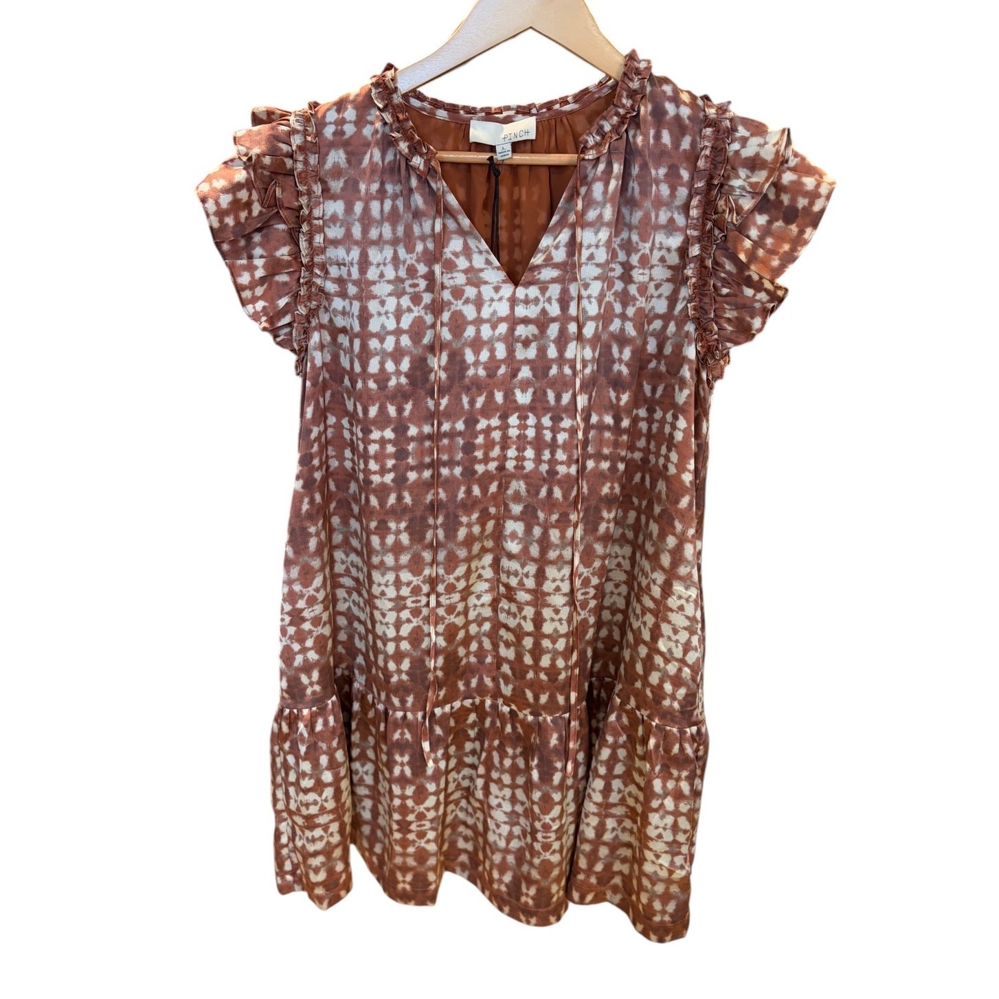 PINCH Women’s Irma Mini Dress Large Rust Ikat Ruffle Sleeve Tiered Tencel NWT