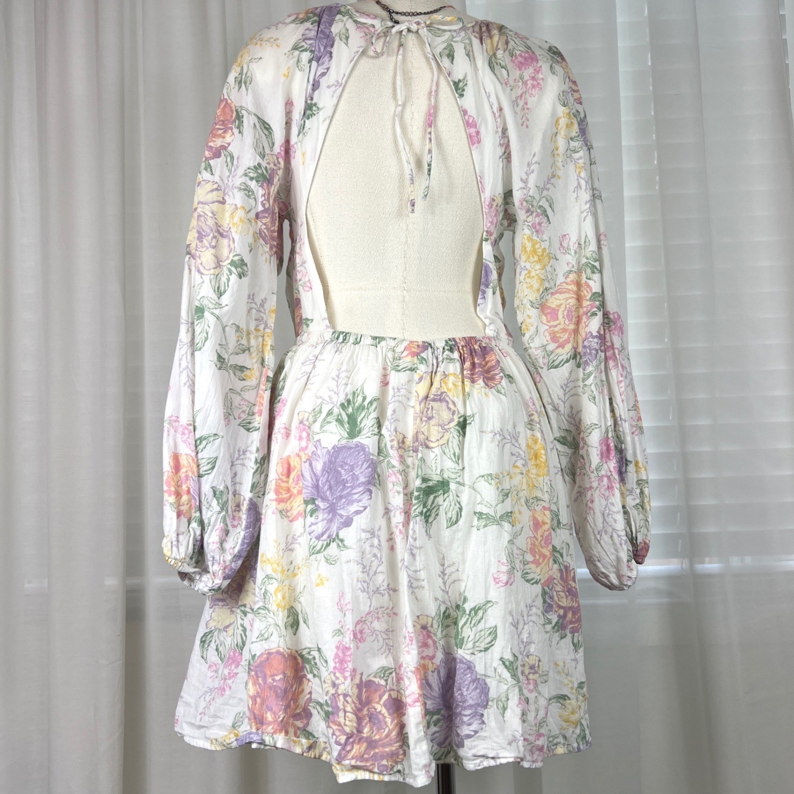 H&M Divided Floral Open Back Mini Dress White Pink Yellow Cotton Size S Small