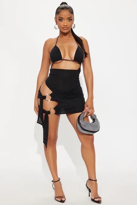 Black Halter Neck Mini Dress with Side Cutouts and Ring Detail