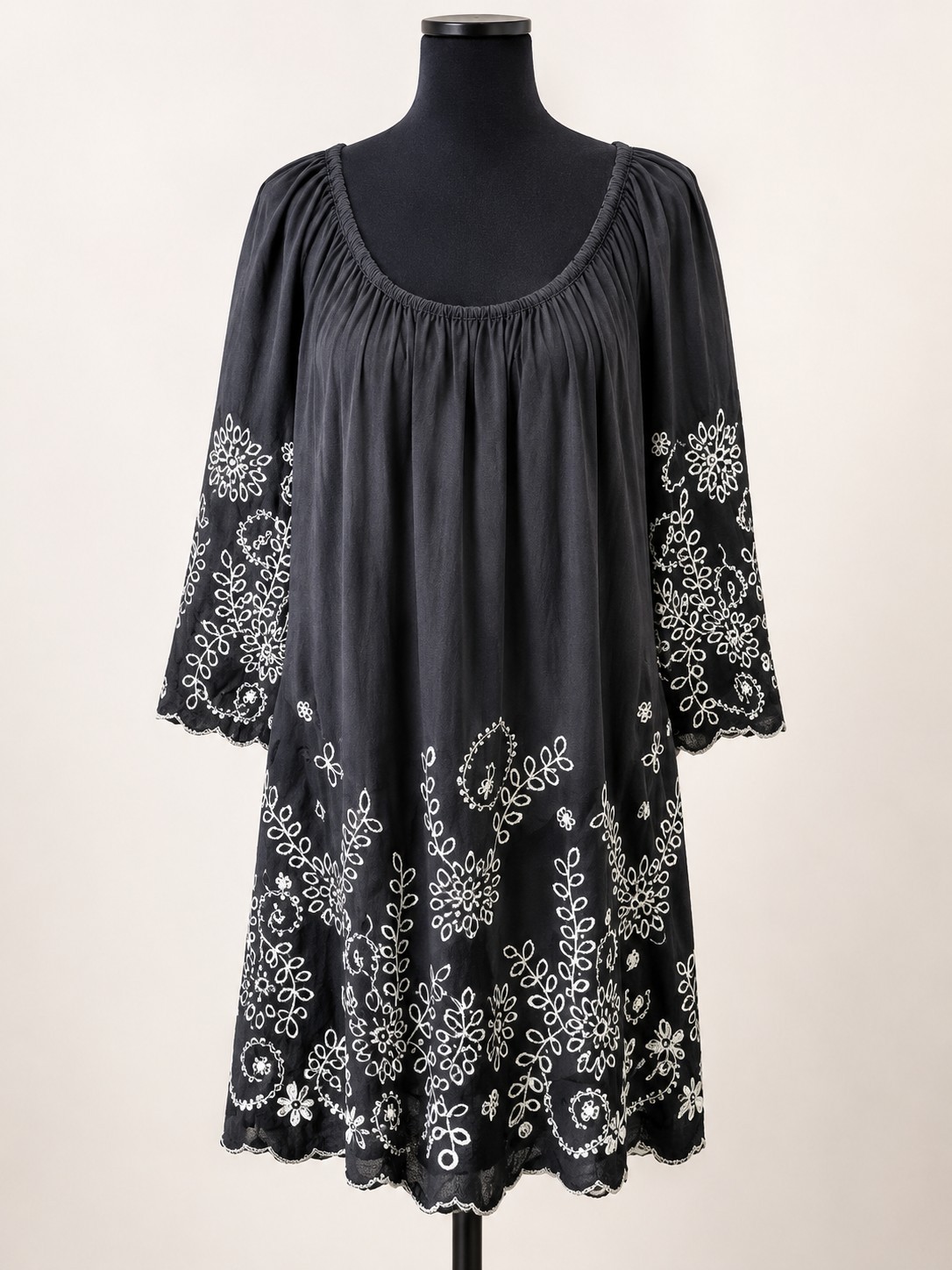Etcetera Womens Size 8 Black Cotton Embroidered Peasant Dress Tunic Boho 3/4