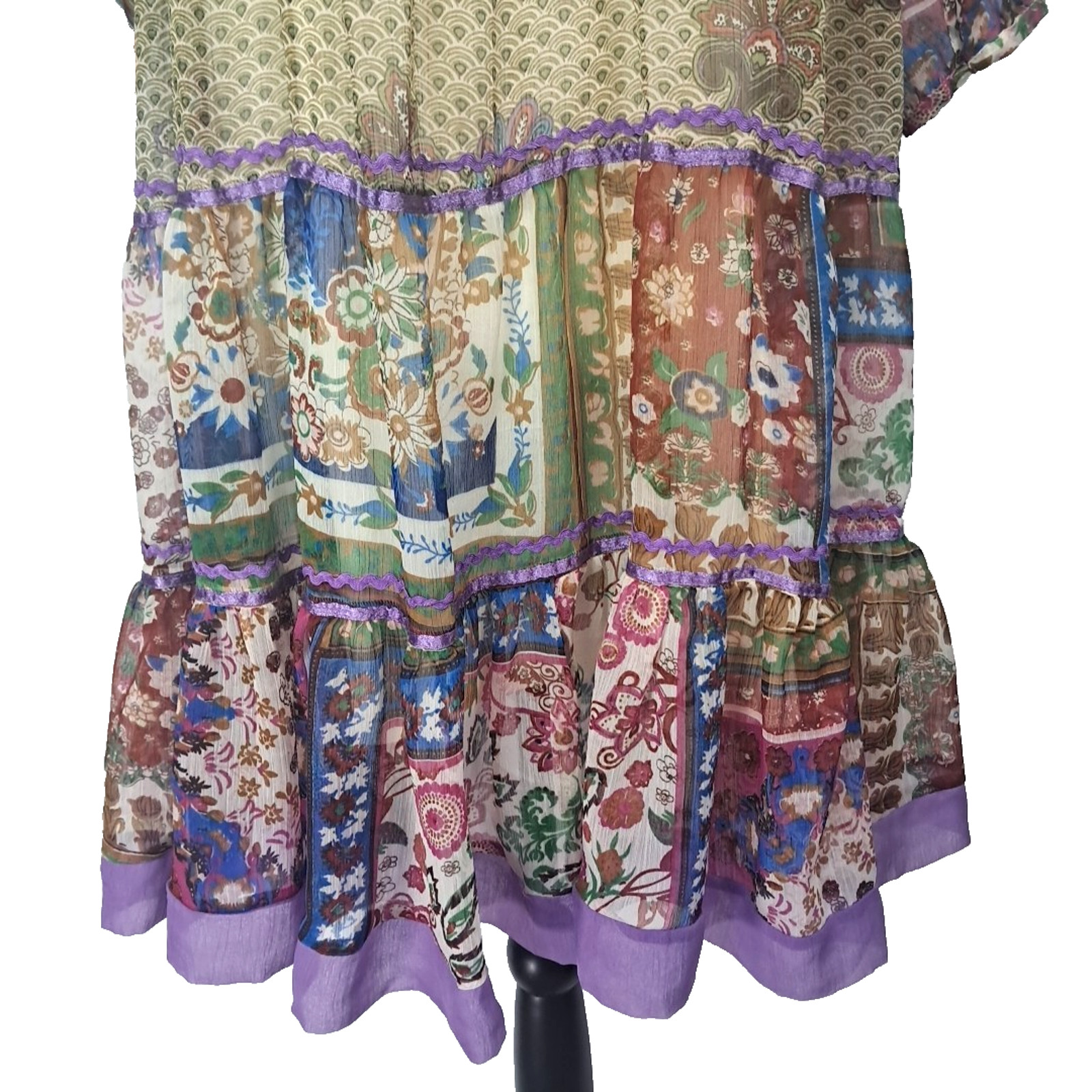 Babydoll Floral Sheer Patchwork Beaded Tiered Mini Dress Size M Purple Boho