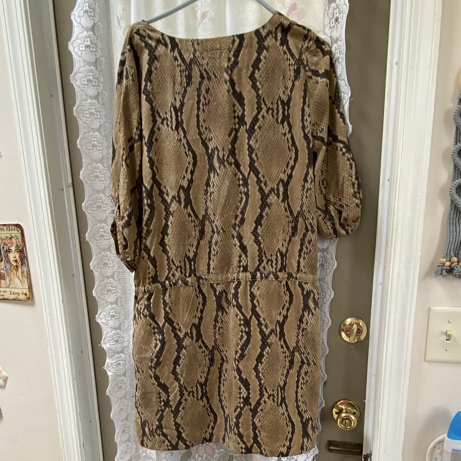 Reynah Womens L Brown/Black Snake Print Sheath Dress Pockets Button Front