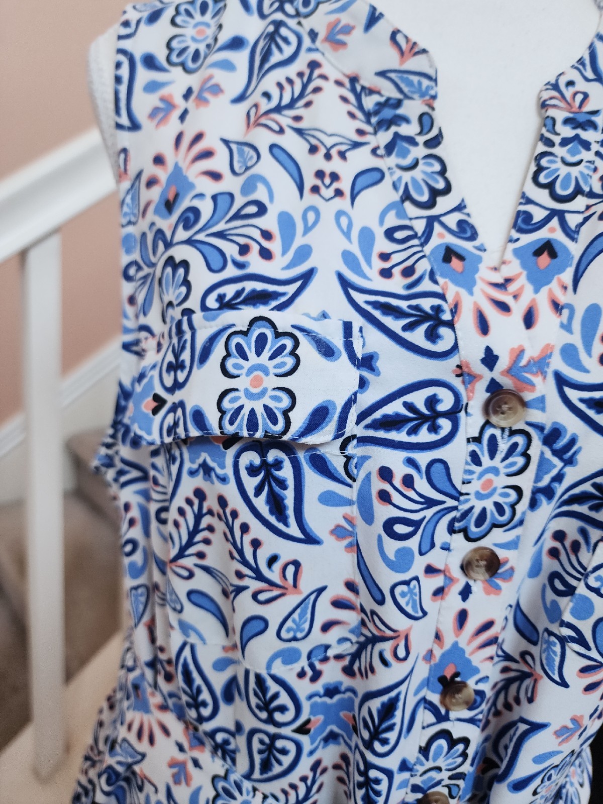 NWOT CROFT & BARROW Blue Floral Notch Neck Belted Sleeveless Shirt Dress Sz PXL