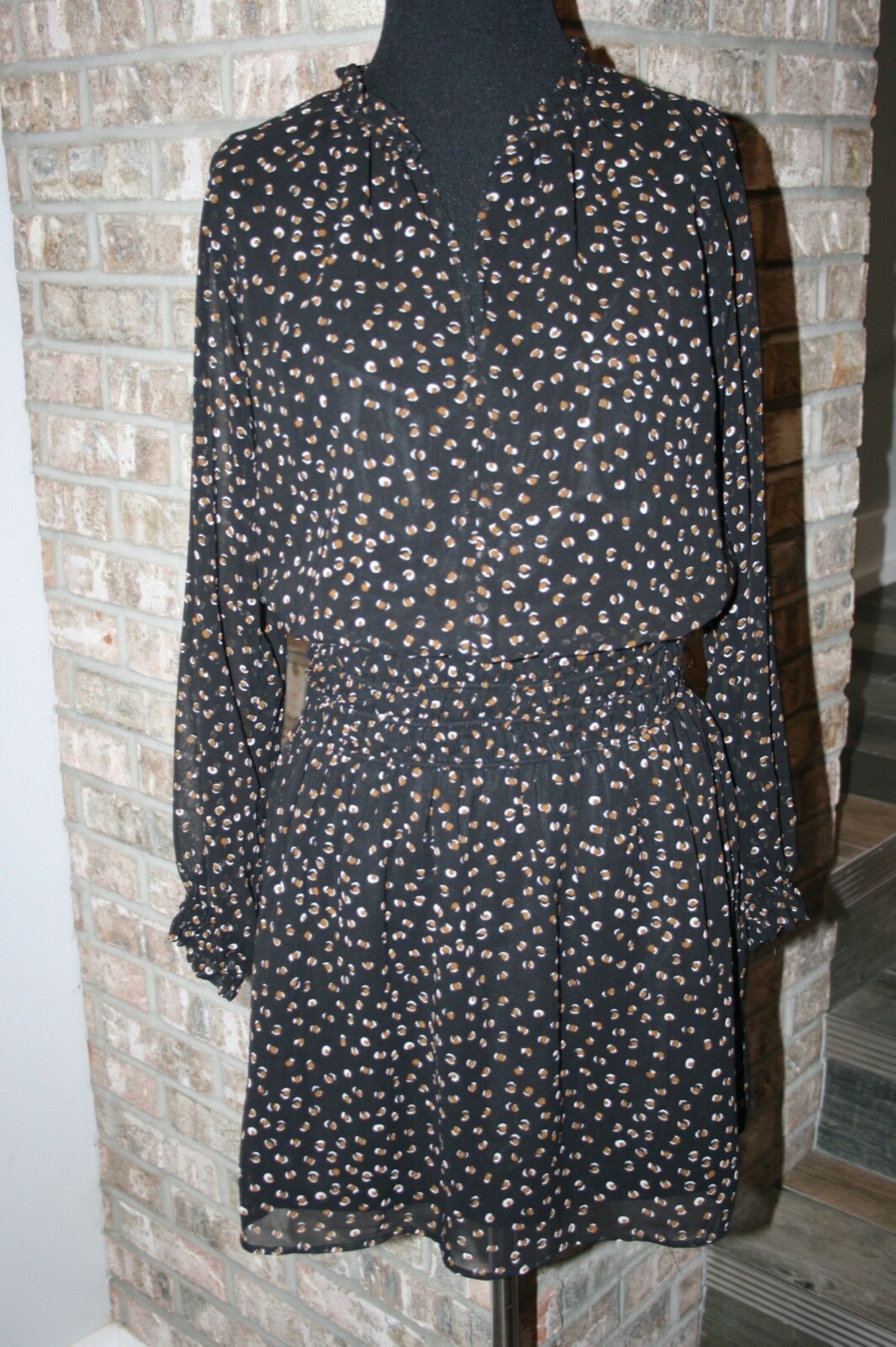 NEW Solialite Black Brown/White Speckle Spots Sheer Blouson Lined Dress SZ S