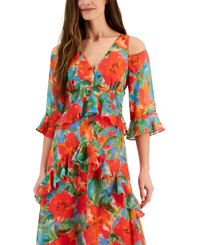 Tahari ASL Floral Print Cold Shoulder Midi Dress Size 14 (runs small) NWT $159