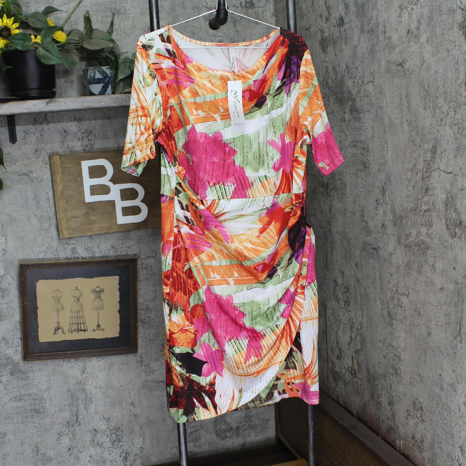 ny Collection Womens Plus Size Elbow Sleeve Side Pleat Dress Flower Red Multi 2X