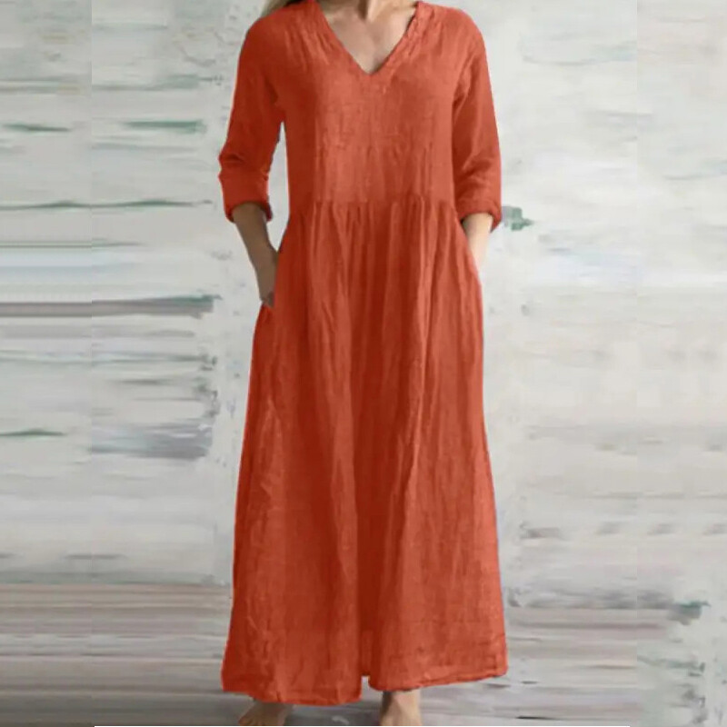 Women’s V-neck cotton long dress – Summer casual and loose long dress