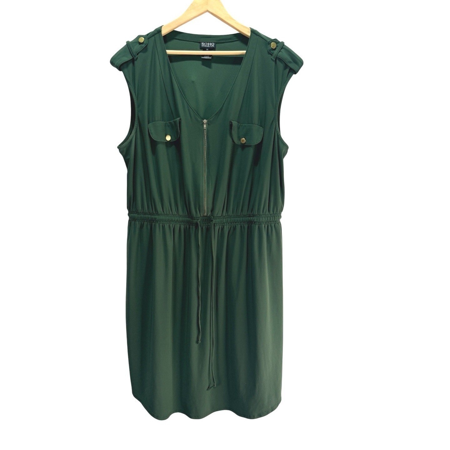 Soho Apparel Utility Dress Womens 2X Olive Safari Military 1/2 Zip Stretch Waist