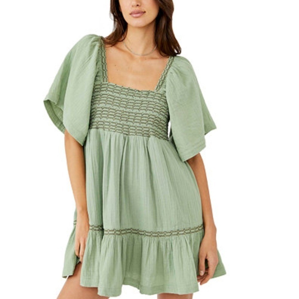 Free People Dahlia Mini Dress Sage Green Smocked Gauze Boho Flutter Sleeve S