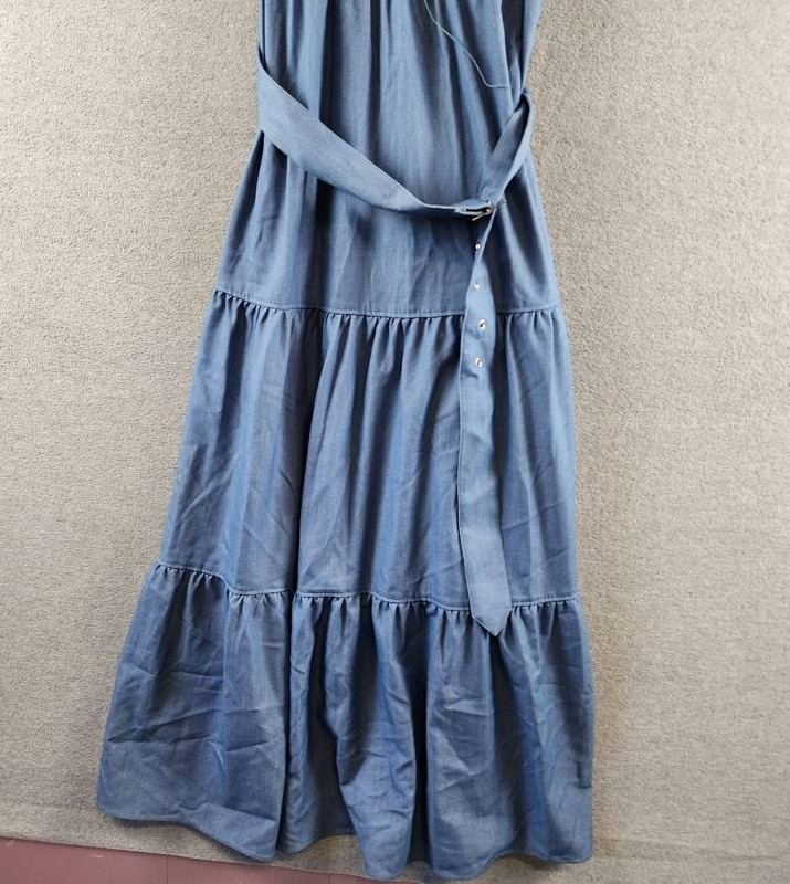 T Tahari Tiered Fit & Flare Halter Maxi Dress Womens M Denim Belted Button Strap