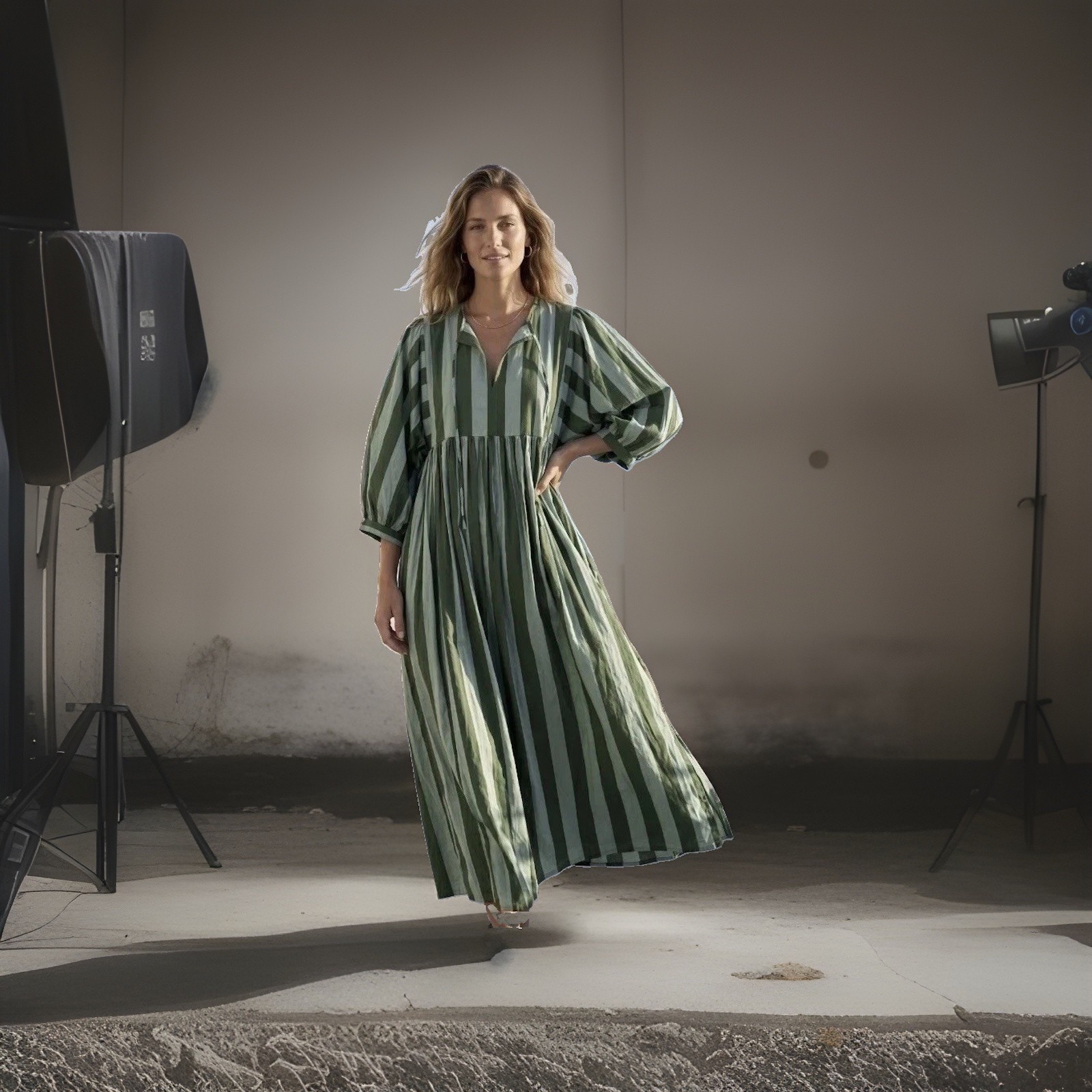 Green Striped Cotton Maxi Dress, Great Handmade Sleeve, Loose Fit nice Wear,good