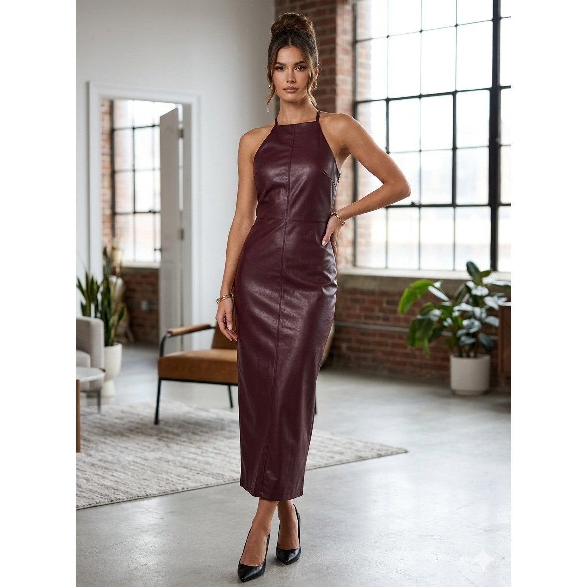 Zara Faux Leather Halter Midi Dress Burgundy Wine Red Vegan Sleeveless Medium