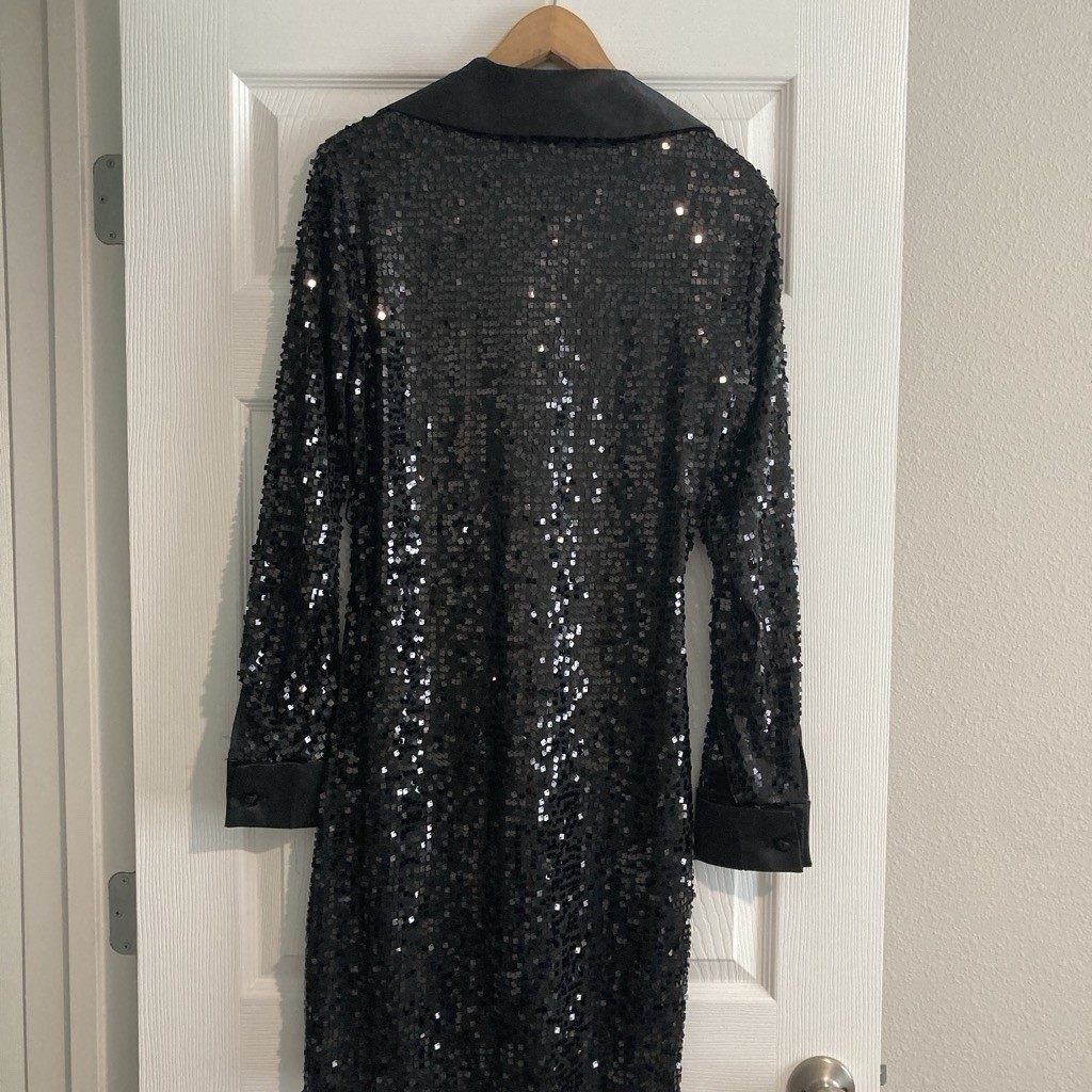 New York & Company Black Sequin Button Dress M Short