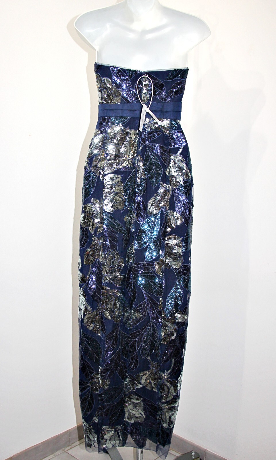 Marchesa Notte Navy & Silver Sequin Mikado Bow Gown With Deep Slit sz 6 $995