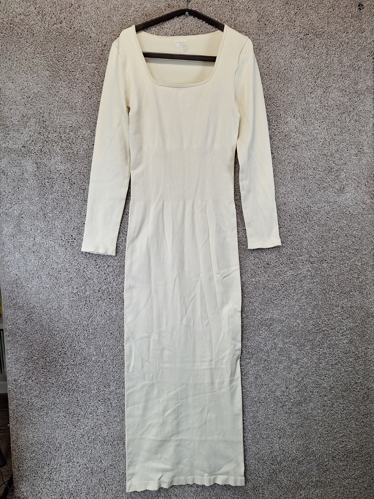 OQQ Bodycon Dress Women’s XL Ivory Stretch Ribbed Knit Long Sleeve Square Neck