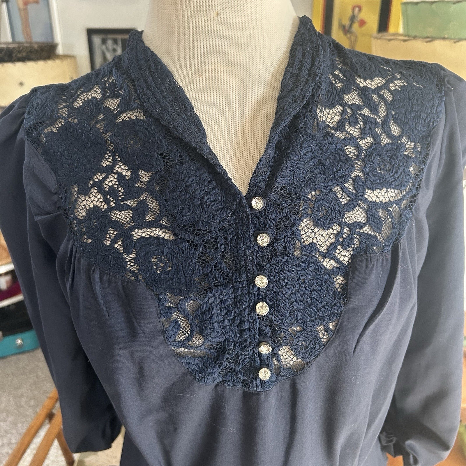 Retro Dress | 1940s Style | Navy Blue | Lace | M L | 40s