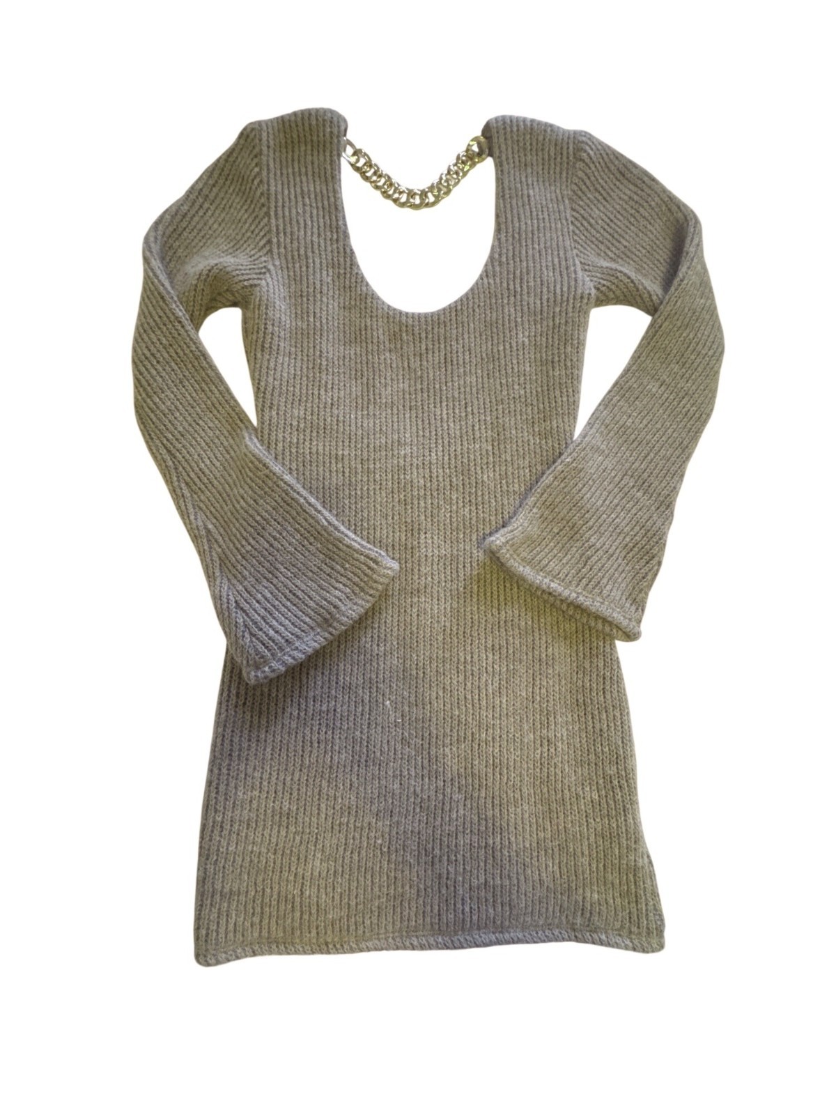 Y2K Sky Open Back Sweater Dress M Chain Detail Alpaca Blend Ribbed Knit USA Made