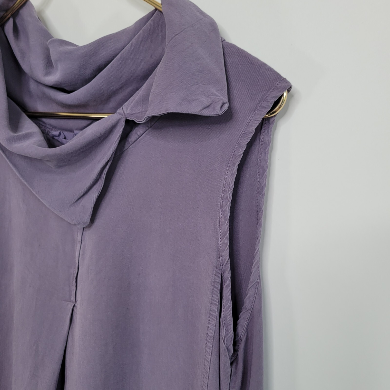 LUUKAA Dusty Purple Midi Shift Dress Size 12 Sleeveless Cowl Pockets Lagenlook
