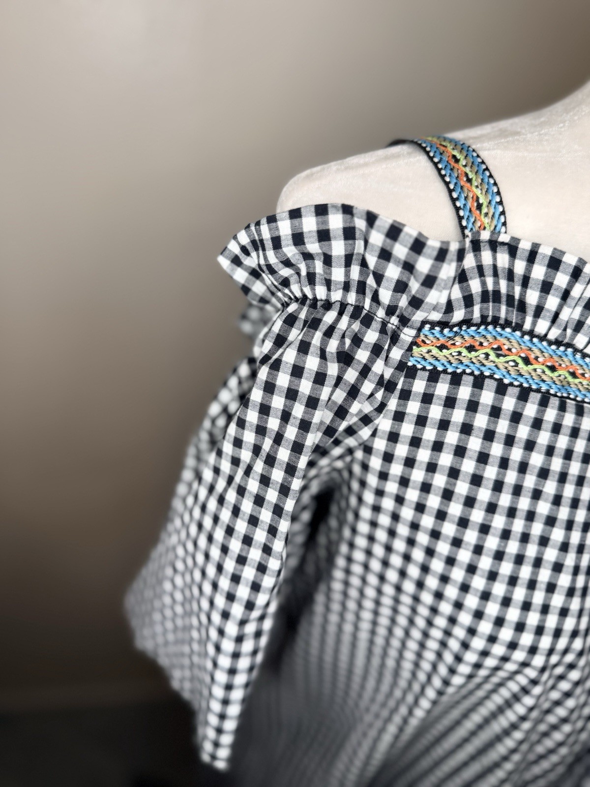 VTG Christian Caliendo Off The Shoulder Shirt Dress Med Checkered Black White