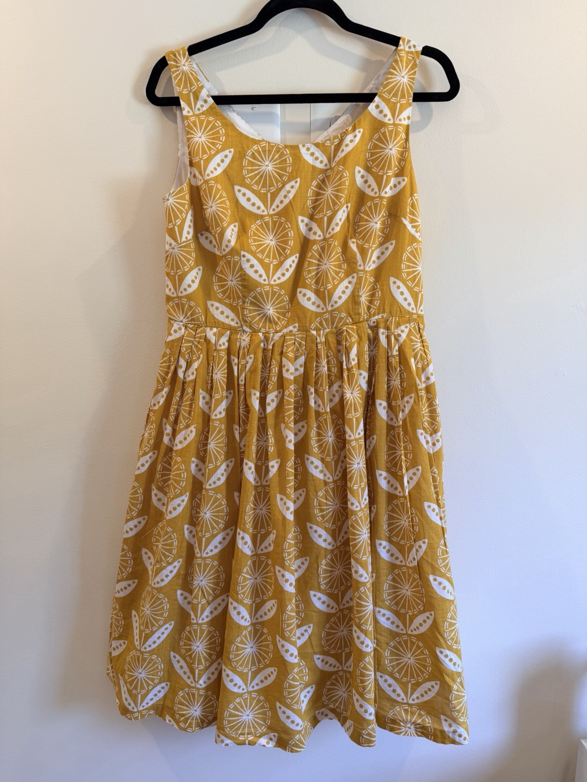 Boden Nancy Sunflower Yellow White Floral Cotton Fit Flare Dress Womens 8 Summer