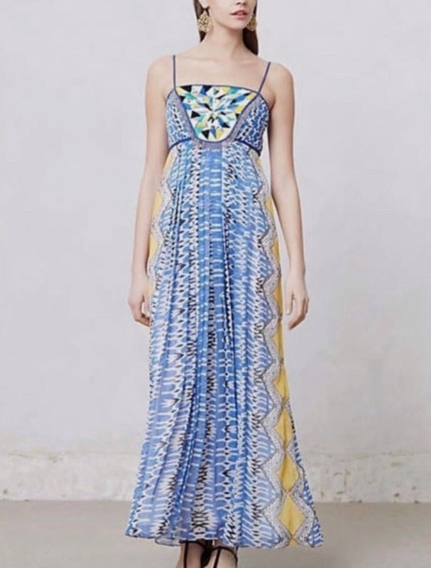 Ranna Gill x Anthropologie Blue Motif Sunburst Beaded Maxi Dress Size Small