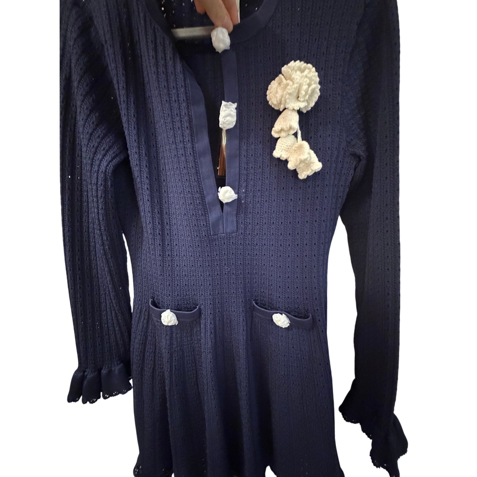 BNWT Navy Pointelle Knit Crochet Flower Mini Dress sz L from Harrod’s