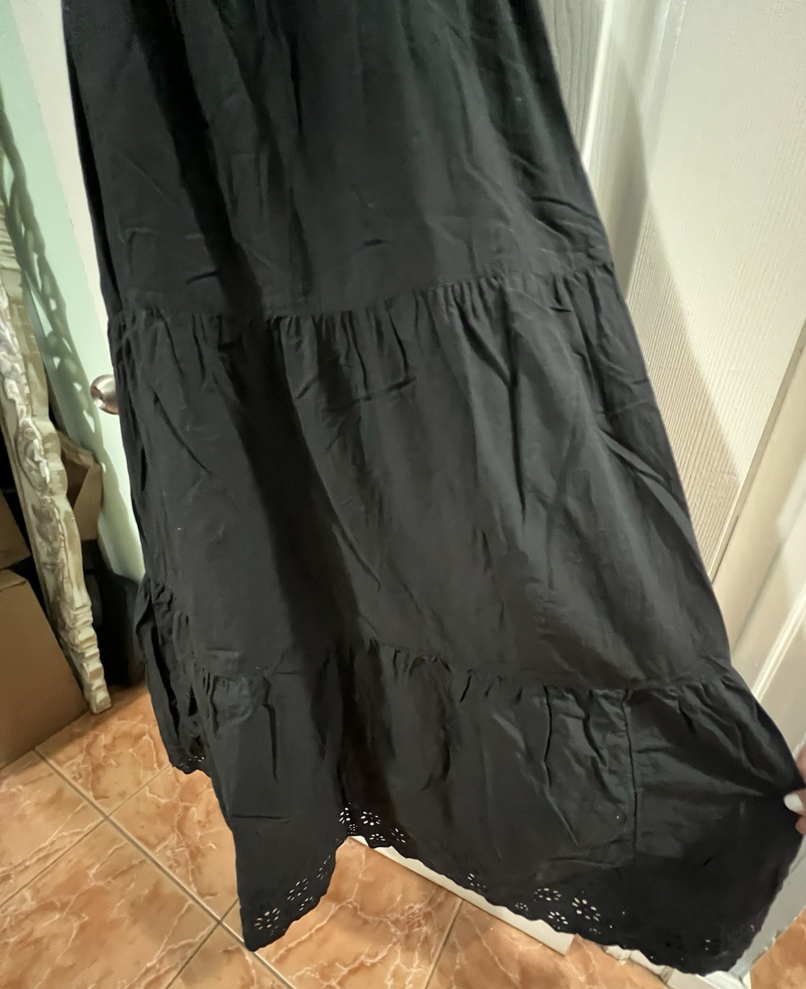 Nordstrom BP 100% Cotton Black Maxi Sundress w Eyelet Hem and Ruffled Straps. S