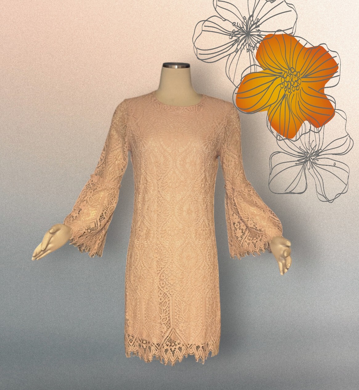 WORTHINGTON $86 Lt Orange CROCHET Knit LAYERED Dress Bell Sleeve Women’s Medium