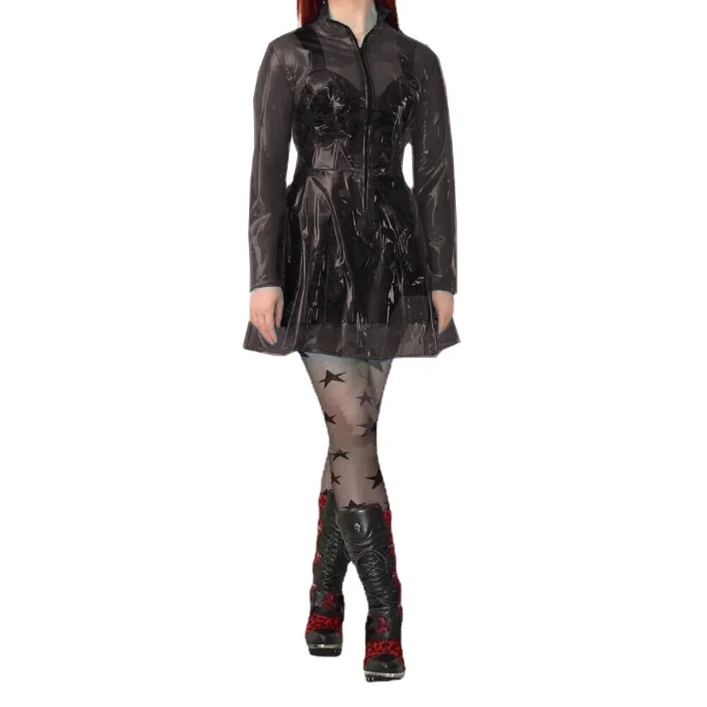 Clear PVC Dress Stand Neck Plastic See Through A-line Sexy Long Sleeve Dress 7XL