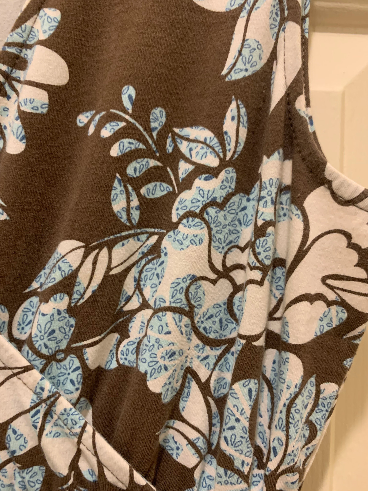 Eddie Bauer Cotton Knit Shirred Waist Midi Dress Blue/Brown/White Floral — XS