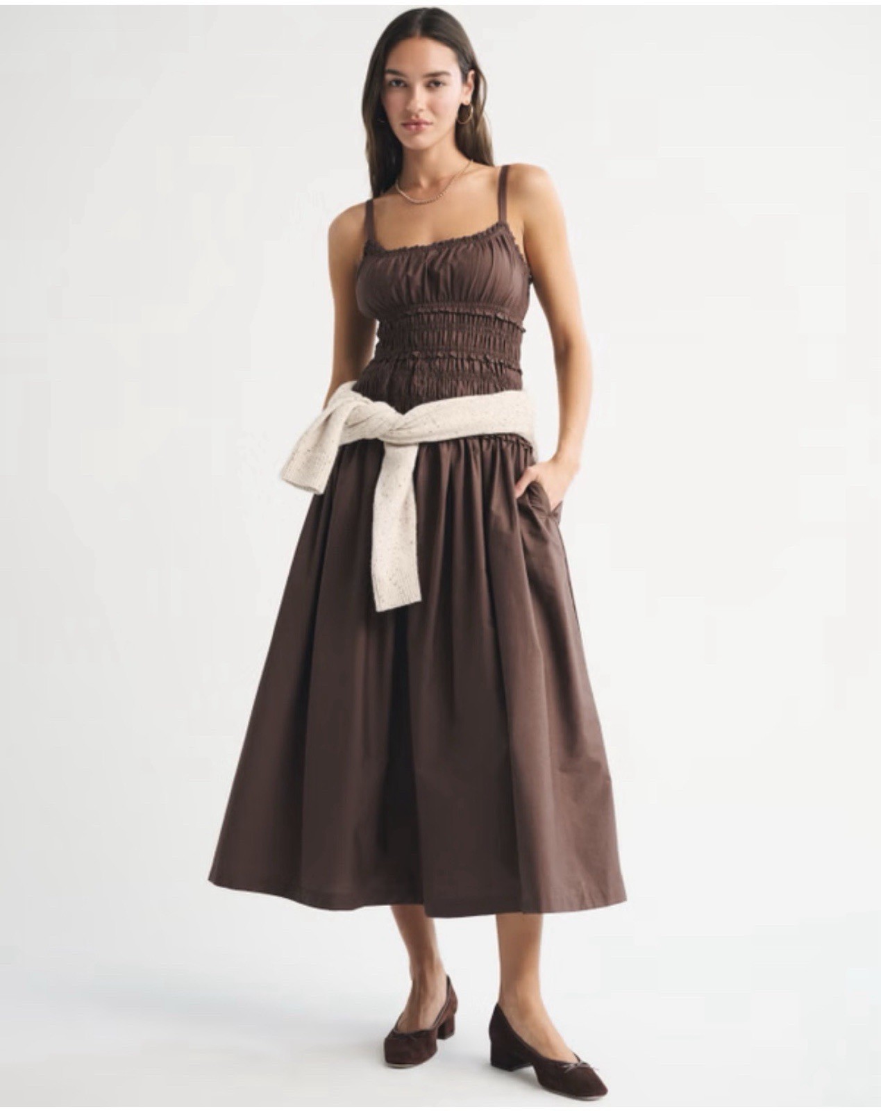 Abercrombie & Fitch Bra-Free Smocked Drop-Waist Maxi Dress in the color Chestnu