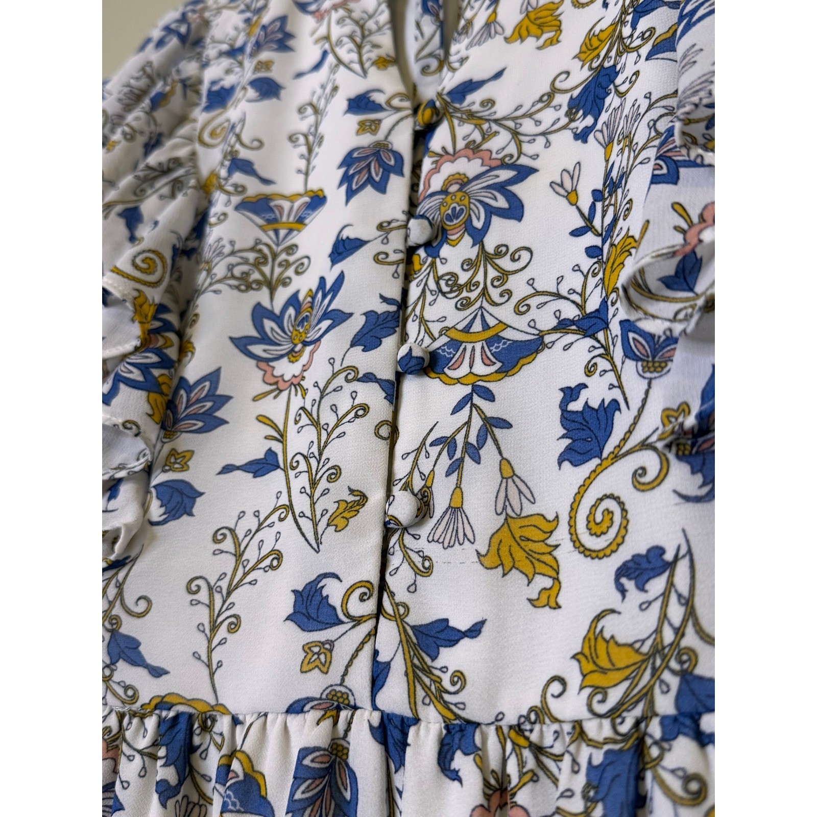 Dip Womens Blue Floral Cottagecore Midi Dress Ruffle Sleeve Tie Back Size Small